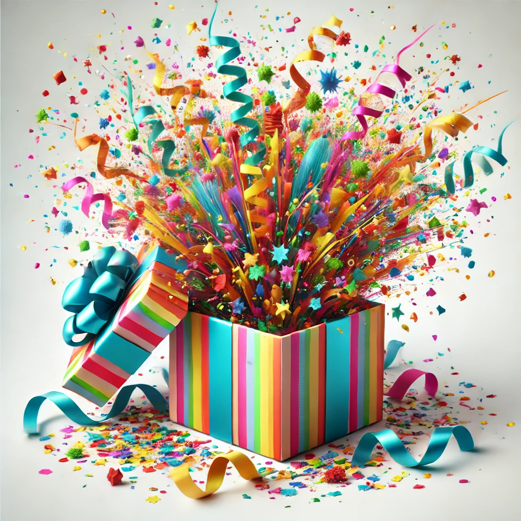 Exploding Candies And Ribbons DALL·E 2024-07-28 13.11.26 – An open gift box exploding with colorful ...